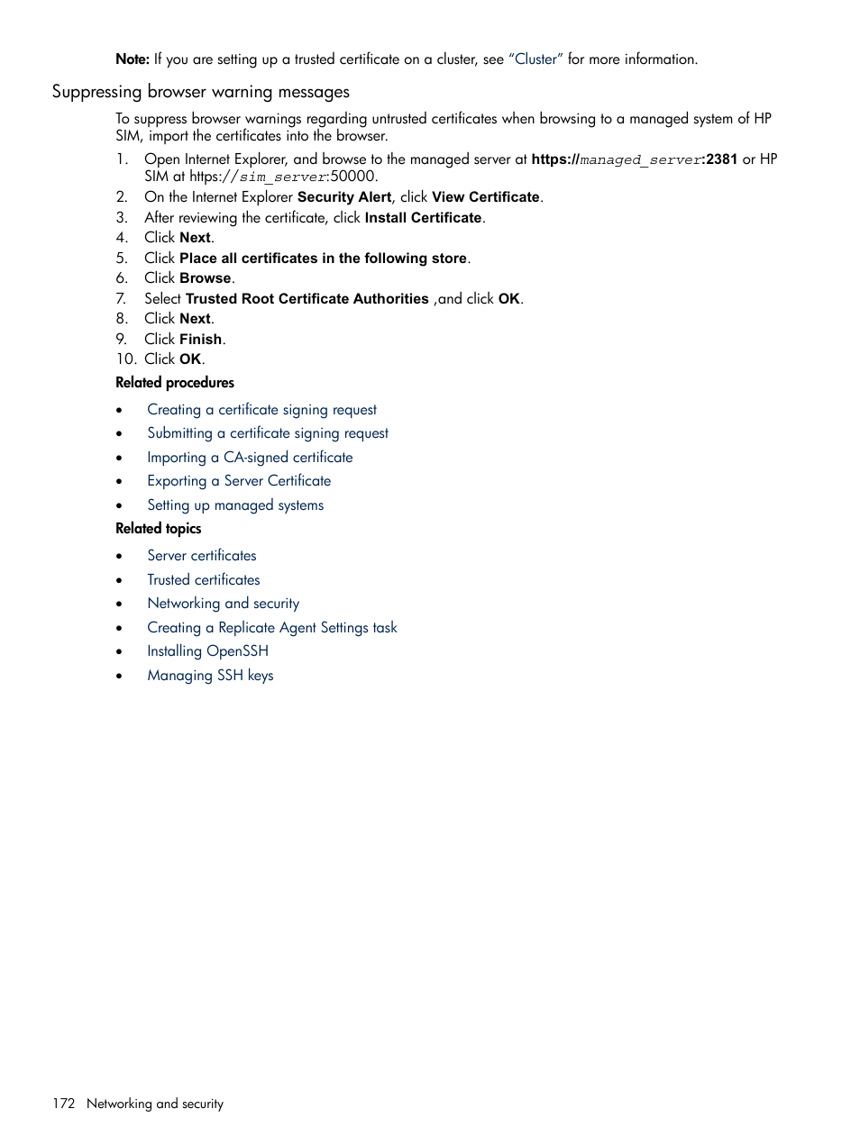 Suppressing browser warning messages | HP Systems Insight Manager User Manual | Page 172 / 679