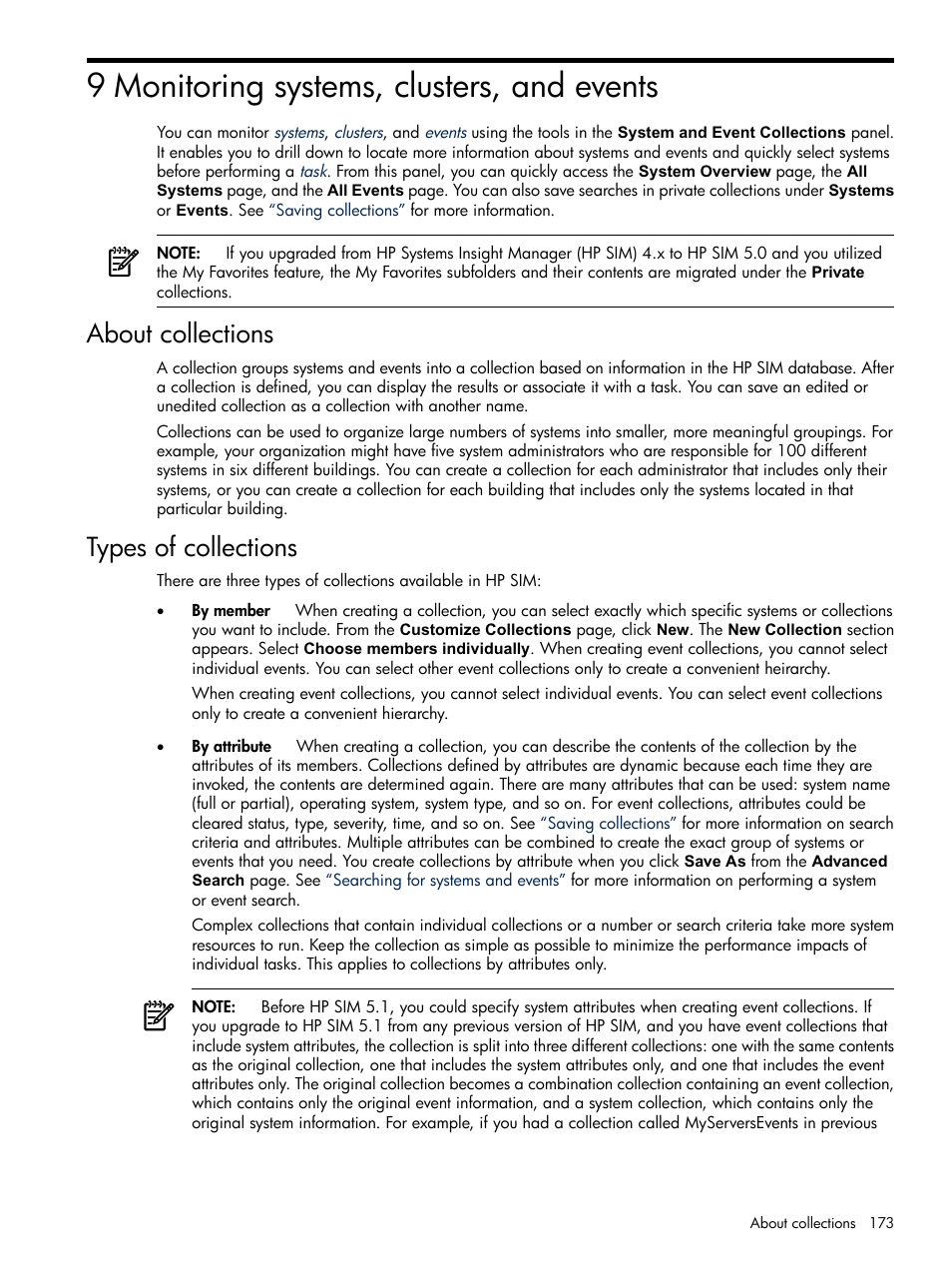 9 monitoring systems, clusters, and events, About collections, Types of collections | About collections types of collections, Monitoring systems, clusters, and events, Monitoring, Systems, clusters, and events | HP Systems Insight Manager User Manual | Page 173 / 679