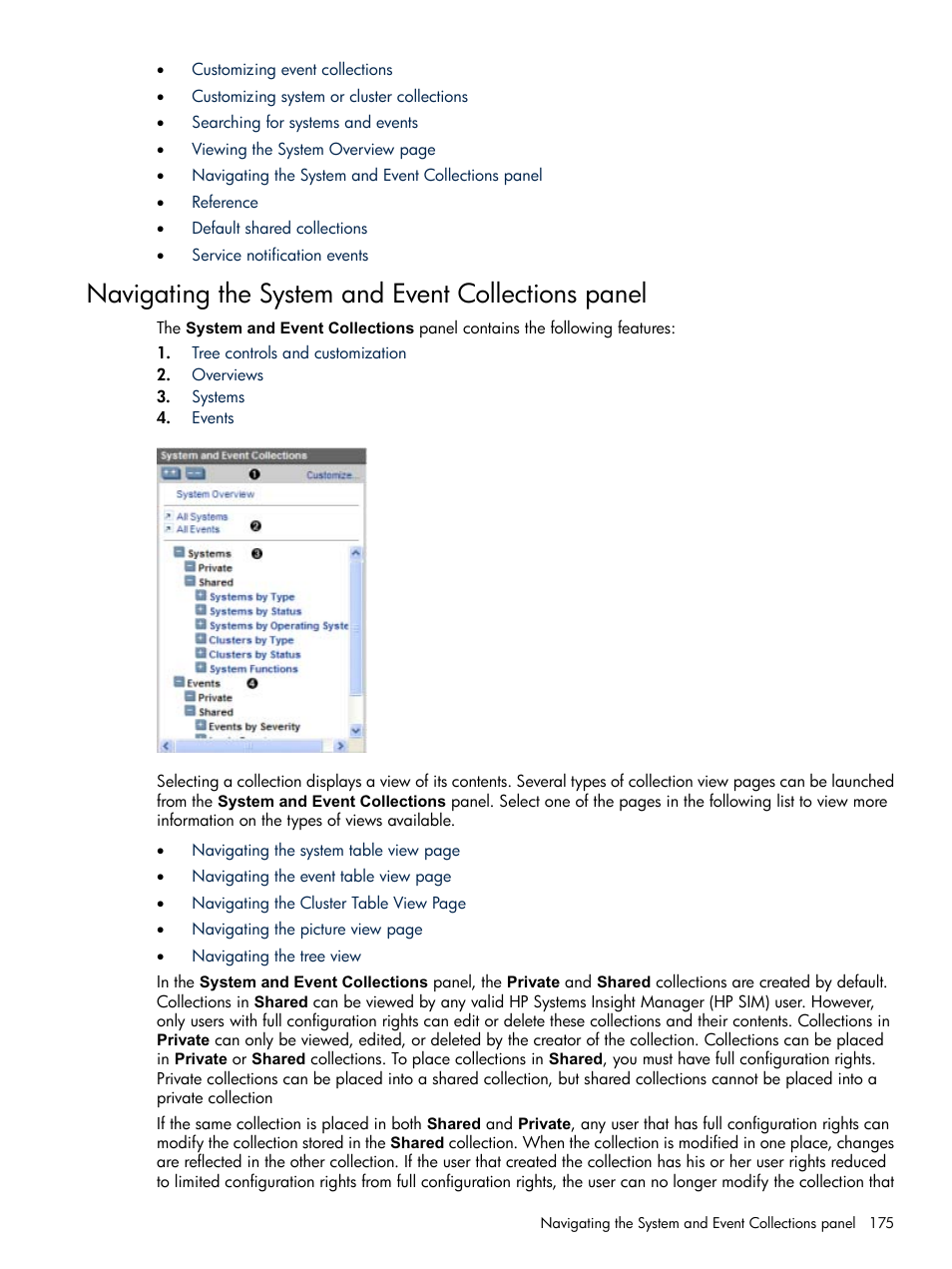 Navigating the system and event collections panel | HP Systems Insight Manager User Manual | Page 175 / 679