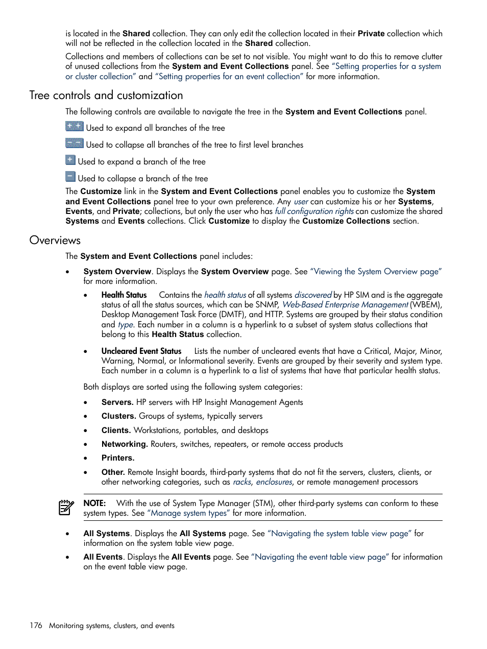 Tree controls and customization, Overviews, Tree controls and customization overviews | HP Systems Insight Manager User Manual | Page 176 / 679