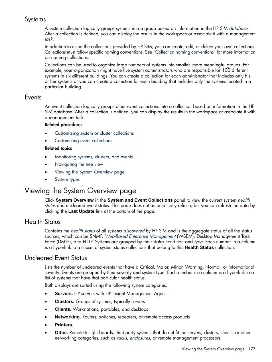 Systems, Events, Health status | Uncleared event status, Systems events, Health status uncleared event status, Viewing the system overview page | HP Systems Insight Manager User Manual | Page 177 / 679