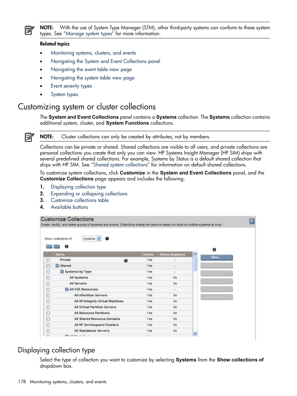 Customizing system or cluster collections, Displaying collection type | HP Systems Insight Manager User Manual | Page 178 / 679