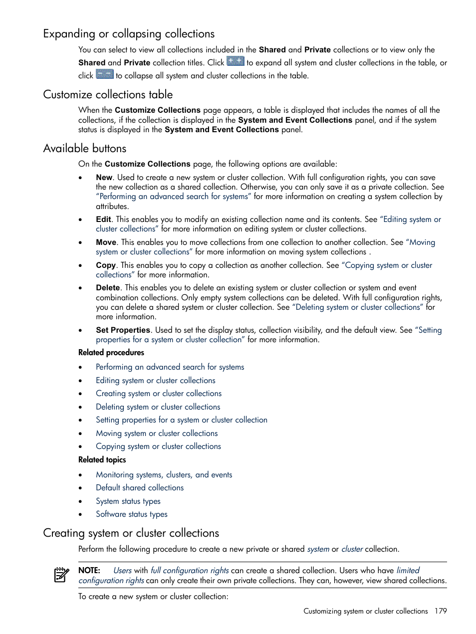 Expanding or collapsing collections, Customize collections table, Available buttons | Creating system or cluster collections | HP Systems Insight Manager User Manual | Page 179 / 679