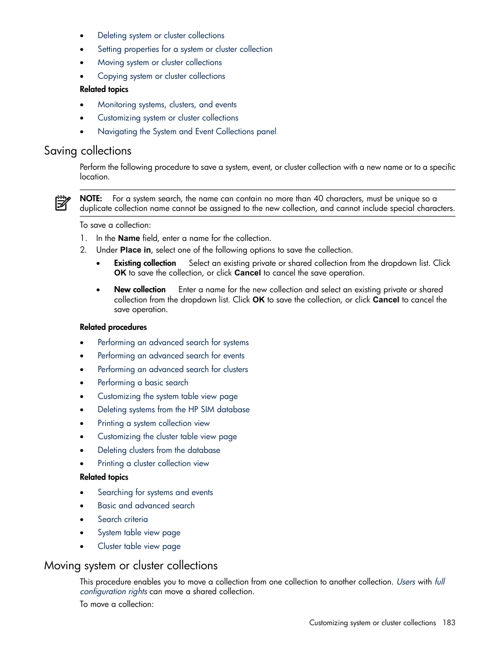 Saving collections, Moving system or cluster collections, Moving | System or cluster collections | HP Systems Insight Manager User Manual | Page 183 / 679