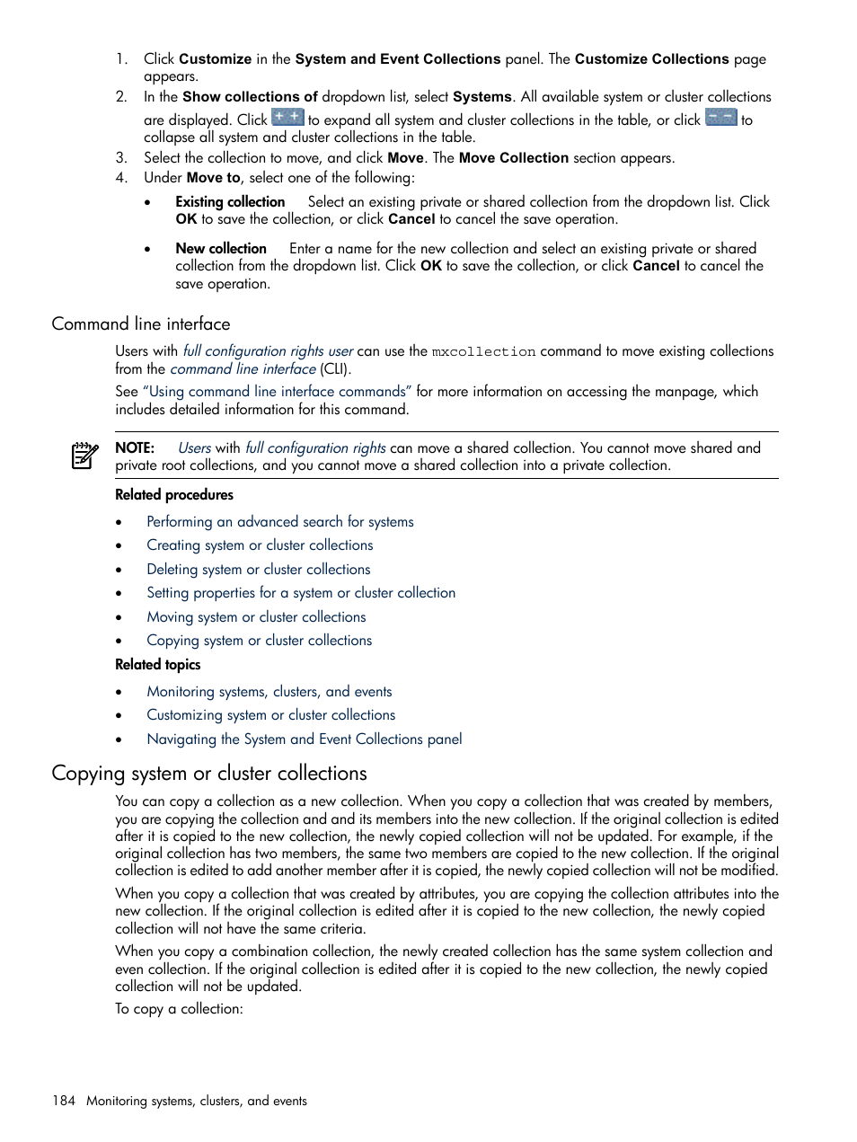 Command line interface, Copying system or cluster collections, Copying system or cluster | Collections | HP Systems Insight Manager User Manual | Page 184 / 679