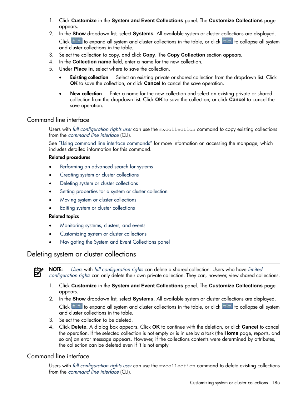 Command line interface, Deleting system or cluster collections | HP Systems Insight Manager User Manual | Page 185 / 679