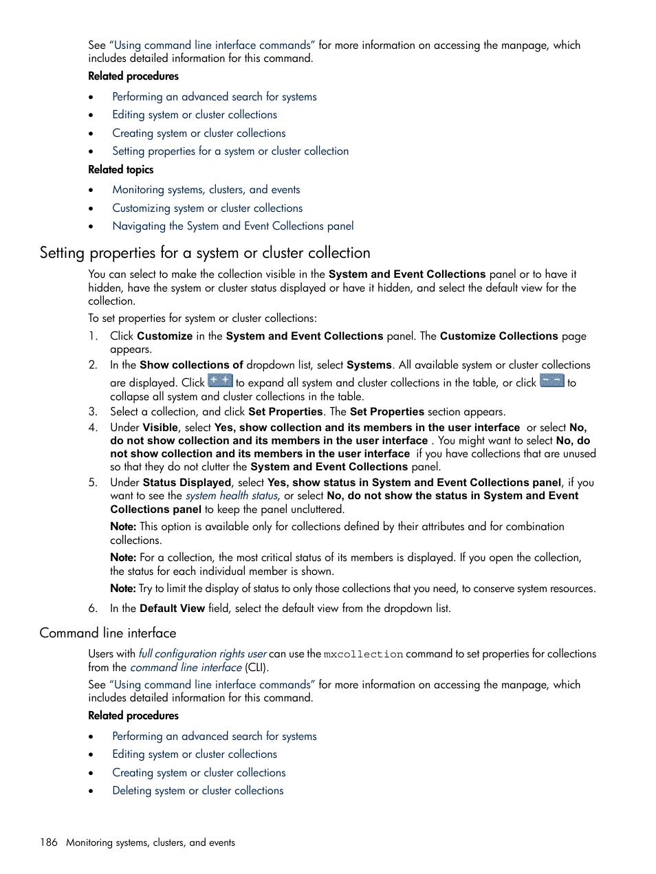 Command line interface, Setting properties for a system, Or cluster collection | Setting, Properties for a system or cluster collection | HP Systems Insight Manager User Manual | Page 186 / 679