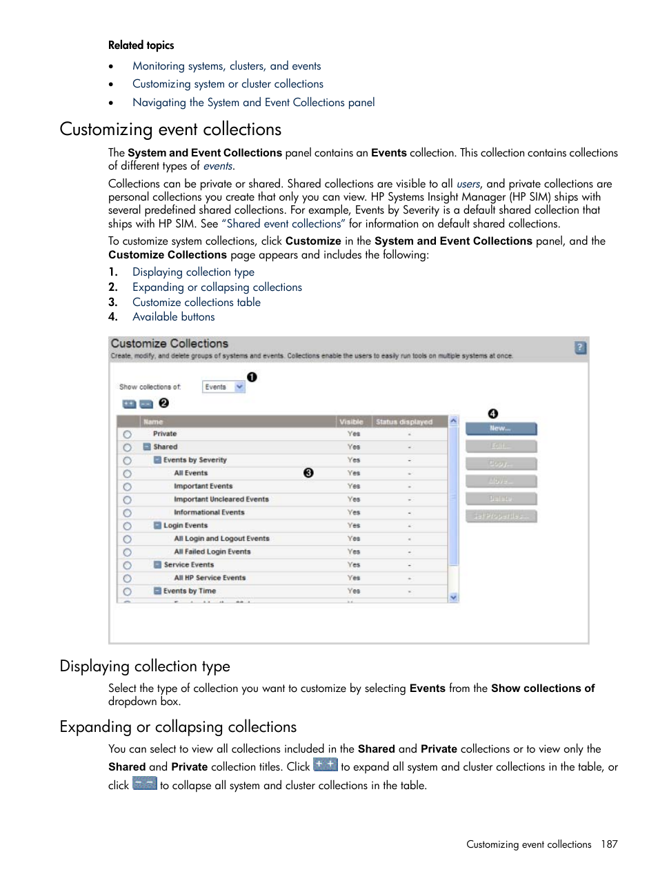 Customizing event collections, Displaying collection type, Expanding or collapsing collections | HP Systems Insight Manager User Manual | Page 187 / 679