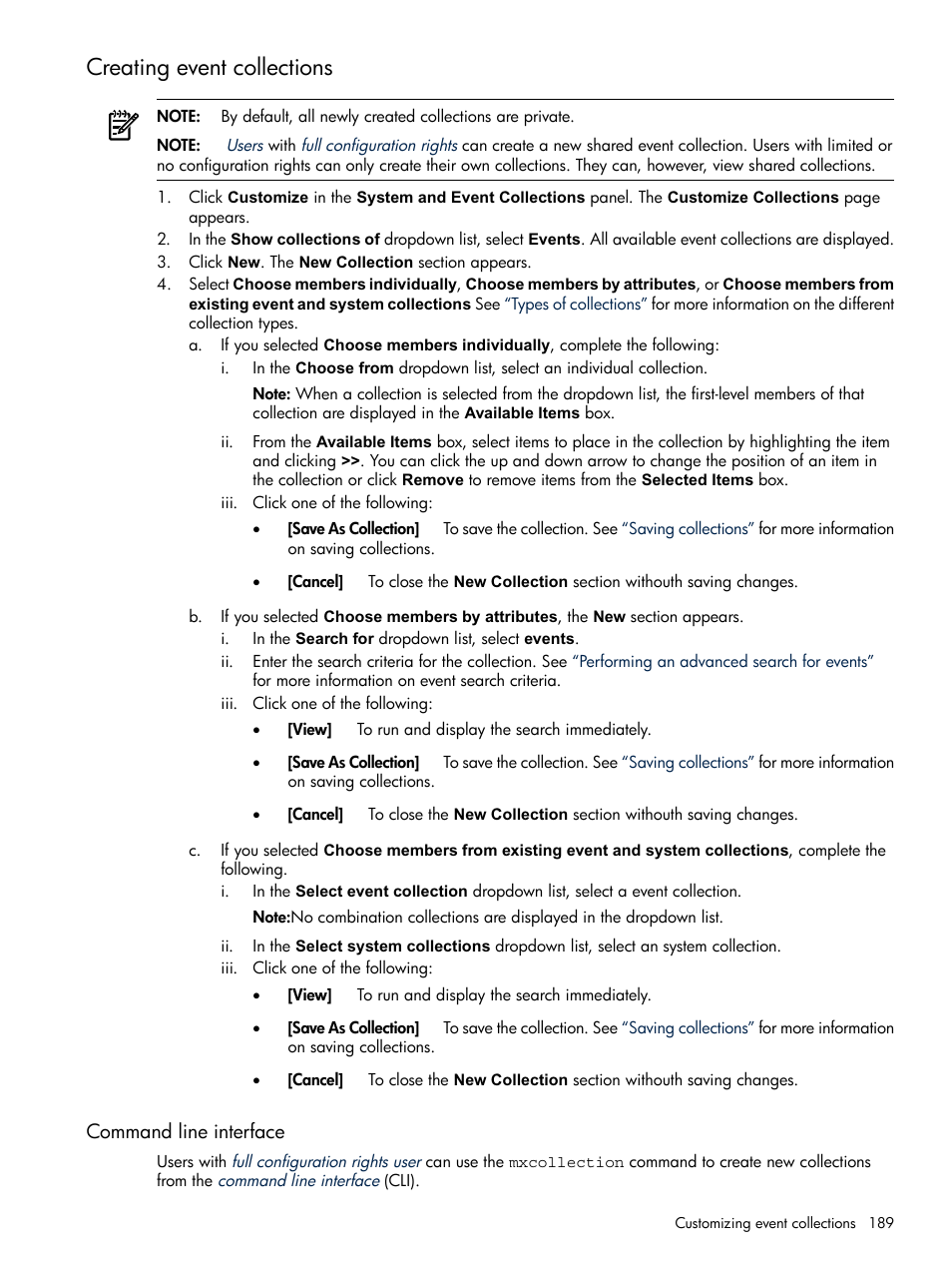 Creating event collections, Command line interface | HP Systems Insight Manager User Manual | Page 189 / 679