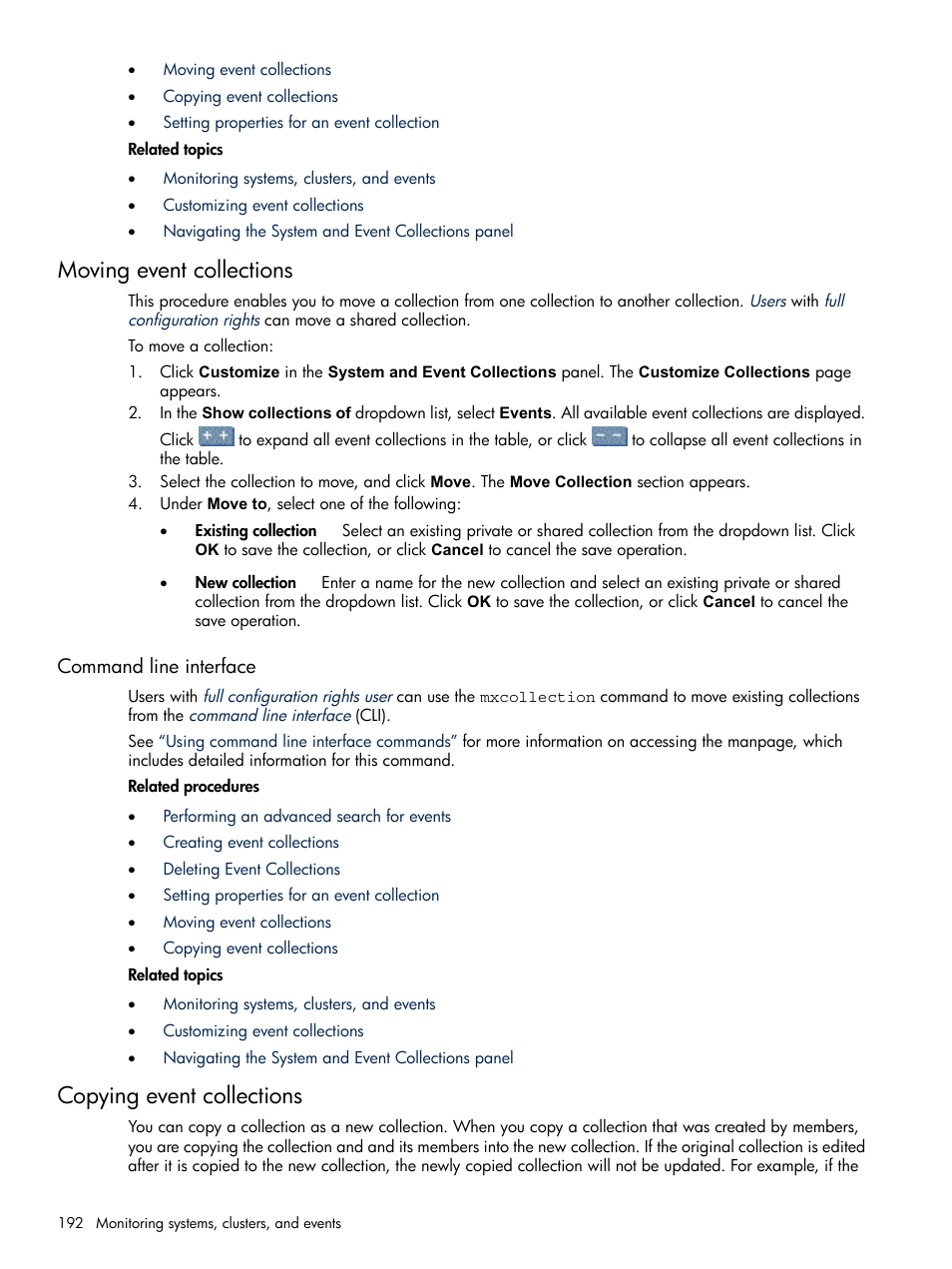 Moving event collections, Command line interface, Copying event collections | HP Systems Insight Manager User Manual | Page 192 / 679