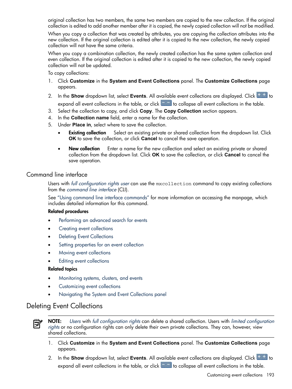 Command line interface, Deleting event collections | HP Systems Insight Manager User Manual | Page 193 / 679
