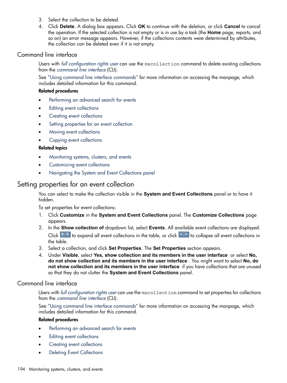 Command line interface, Setting properties for an event collection | HP Systems Insight Manager User Manual | Page 194 / 679