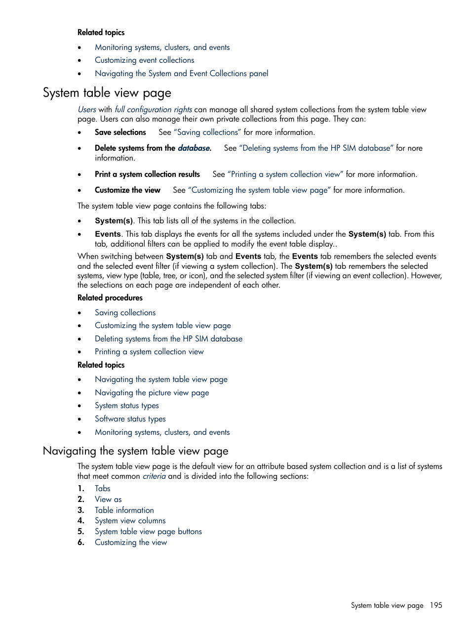 System table view page, Navigating the system table view page | HP Systems Insight Manager User Manual | Page 195 / 679