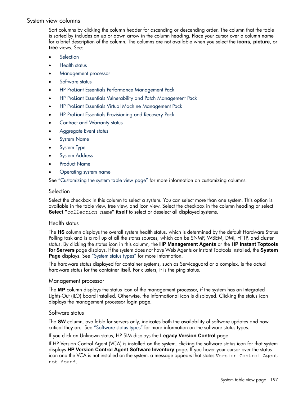 System view columns, Selection, Health status | Management processor, Software status | HP Systems Insight Manager User Manual | Page 197 / 679