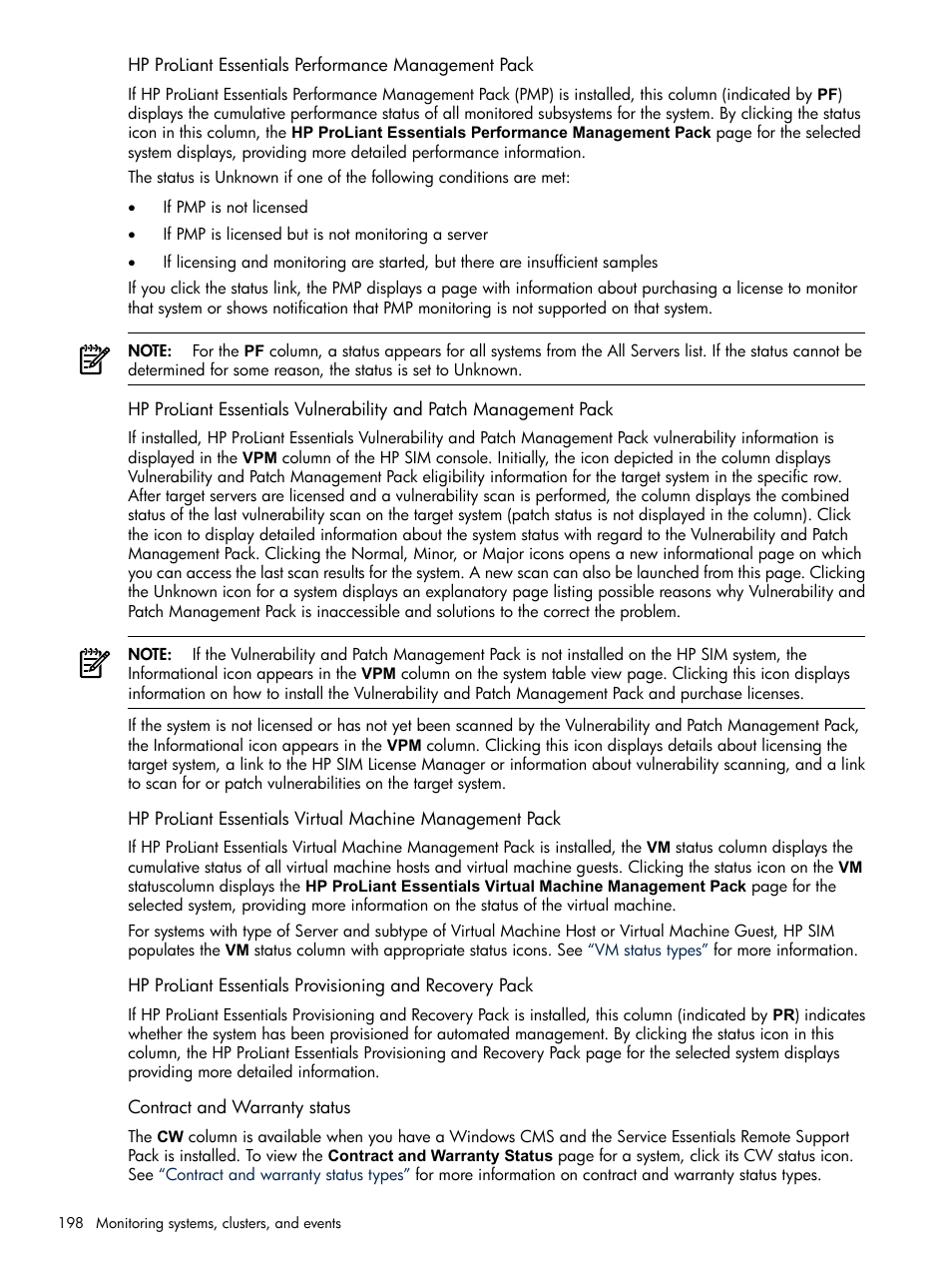 Hp proliant essentials performance management pack, Contract and warranty status | HP Systems Insight Manager User Manual | Page 198 / 679