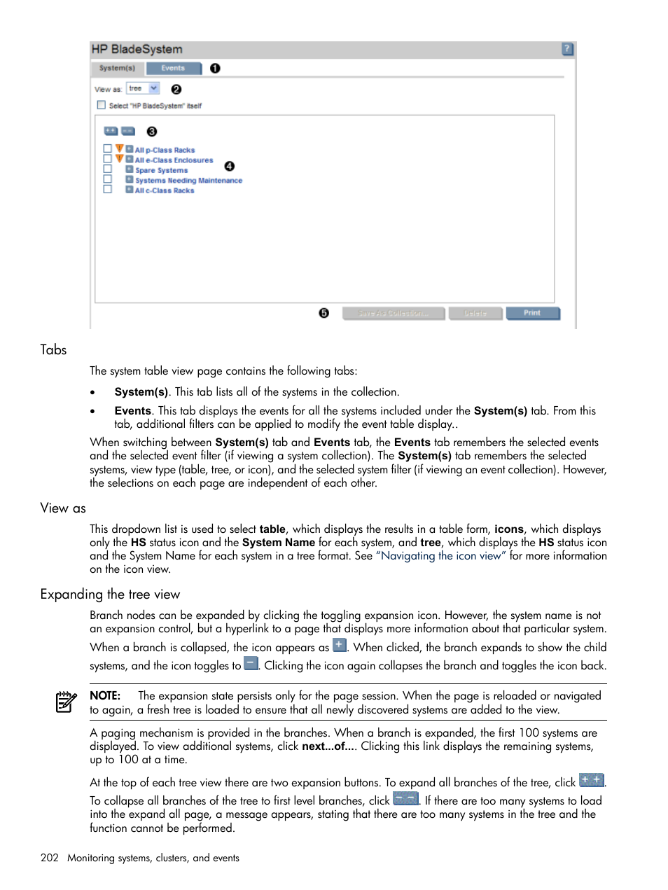 Tabs, View as, Expanding the tree view | Tabs view as expanding the tree view | HP Systems Insight Manager User Manual | Page 202 / 679