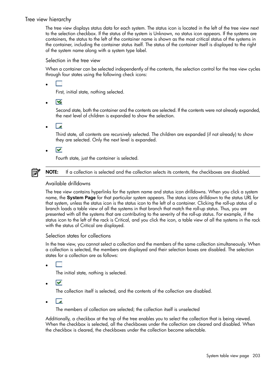 Tree view hierarchy, Selection in the tree view, Available drilldowns | Selection states for collections | HP Systems Insight Manager User Manual | Page 203 / 679