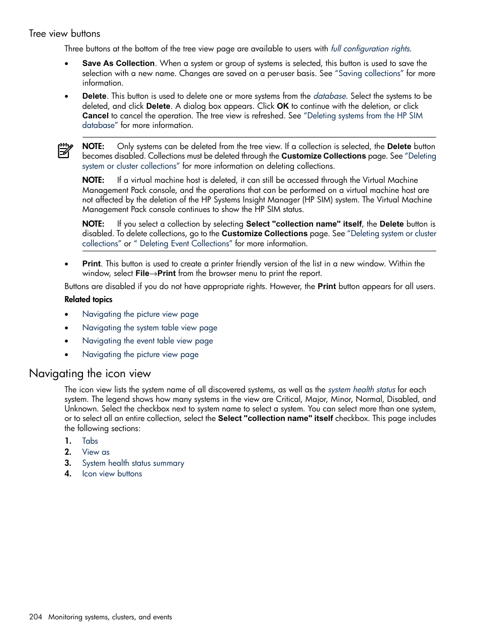 Tree view buttons, Navigating the icon view | HP Systems Insight Manager User Manual | Page 204 / 679