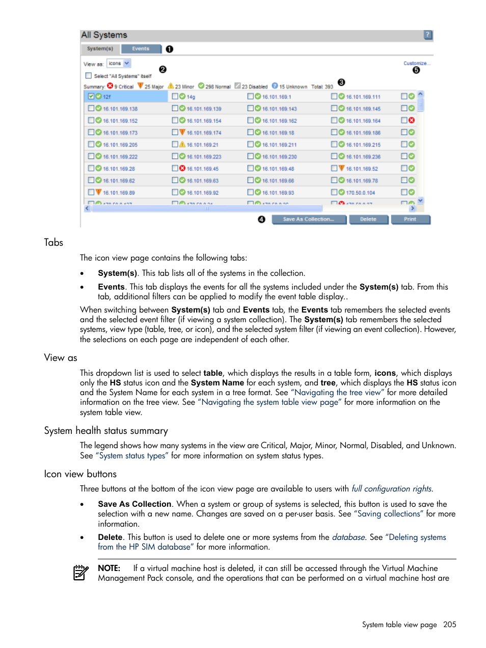 Tabs, View as, System health status summary | Icon view buttons | HP Systems Insight Manager User Manual | Page 205 / 679