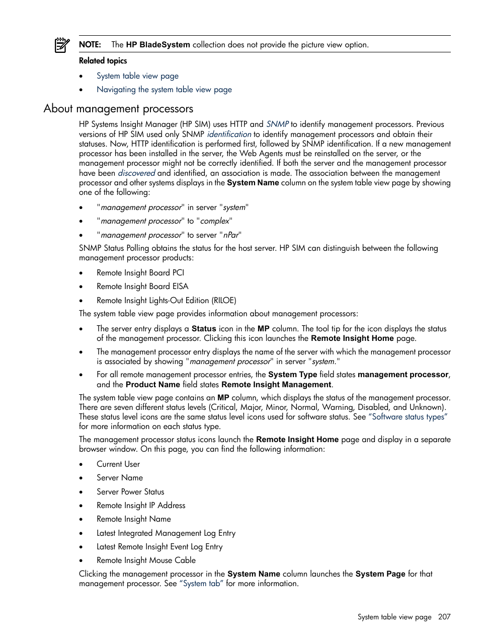 About management processors | HP Systems Insight Manager User Manual | Page 207 / 679