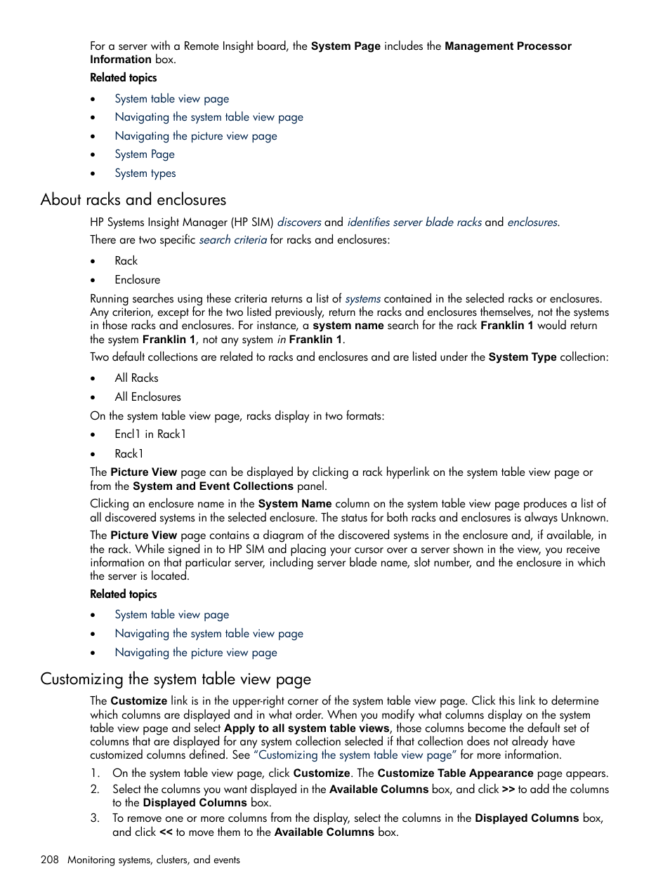 About racks and enclosures, Customizing the system table view page | HP Systems Insight Manager User Manual | Page 208 / 679