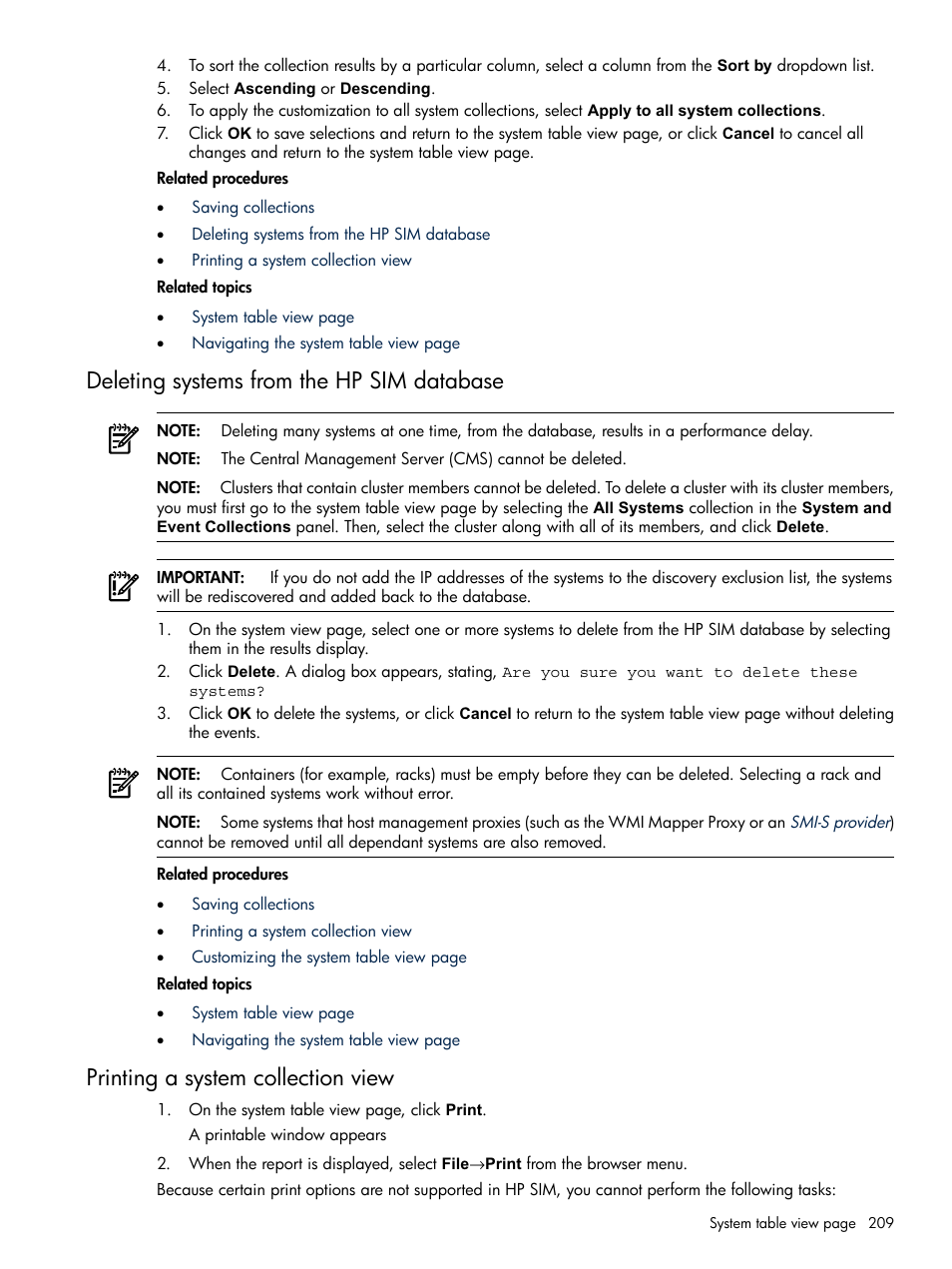 Deleting systems from the hp sim database, Printing a system collection view, Deleting systems from the hp sim | Database, Deleting systems, From the hp sim database | HP Systems Insight Manager User Manual | Page 209 / 679