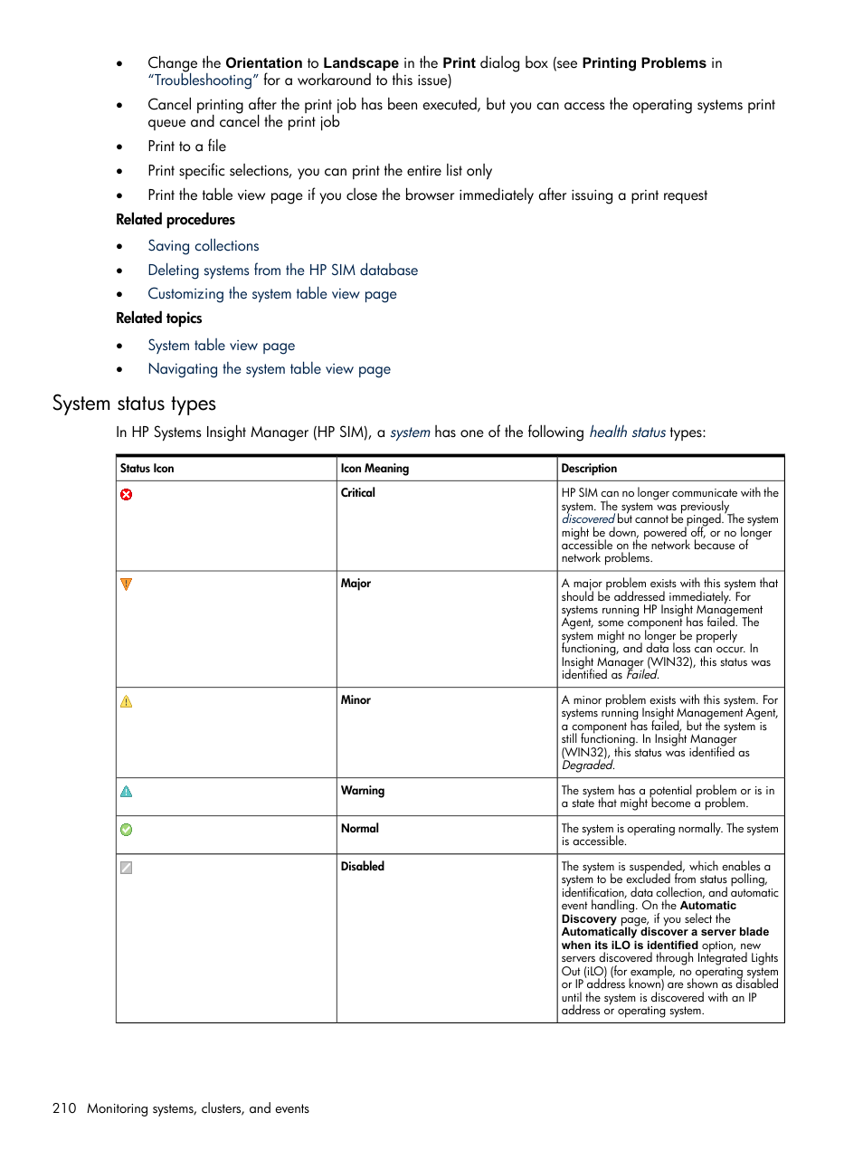 System status types, System, Status types | HP Systems Insight Manager User Manual | Page 210 / 679