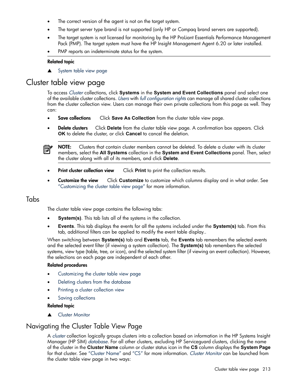 Tabs, Cluster table view page, Navigating the cluster table view page | HP Systems Insight Manager User Manual | Page 213 / 679