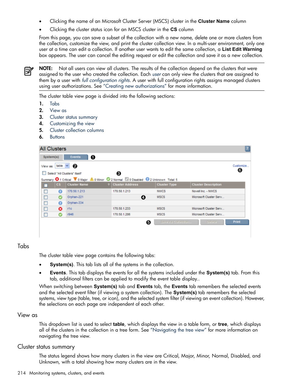 Tabs, View as, Cluster status summary | Tabs view as cluster status summary | HP Systems Insight Manager User Manual | Page 214 / 679