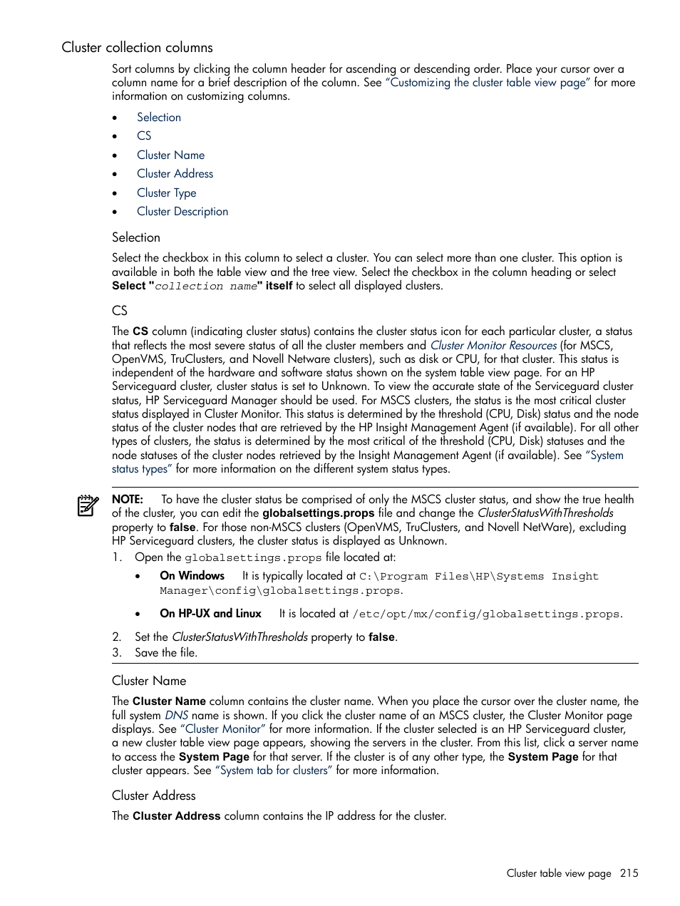 Cluster collection columns, Selection, Cluster name | Cluster address, Selection cs cluster name cluster address | HP Systems Insight Manager User Manual | Page 215 / 679