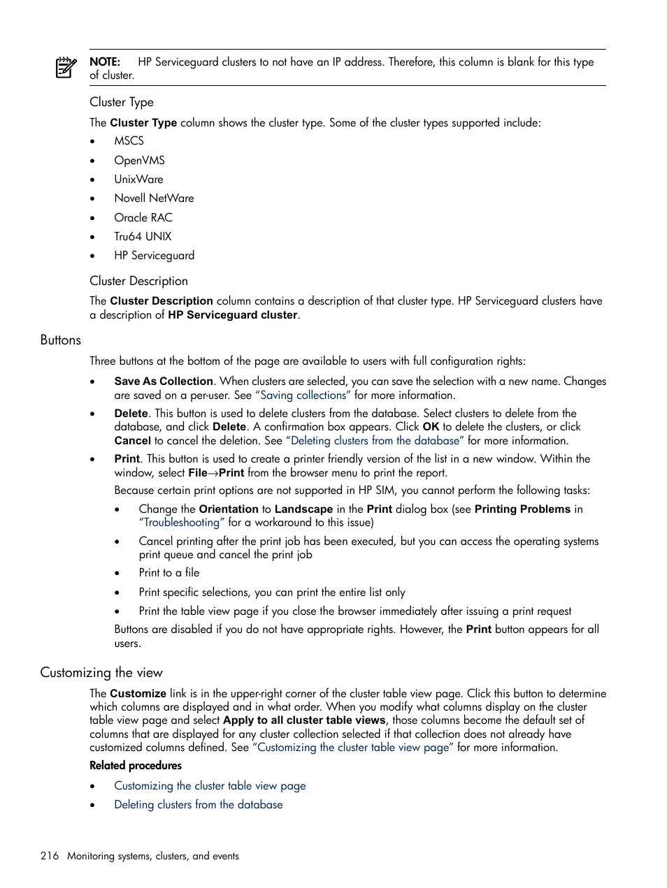 Cluster type, Cluster description, Buttons | Customizing the view, Cluster type cluster description, Buttons customizing the view | HP Systems Insight Manager User Manual | Page 216 / 679