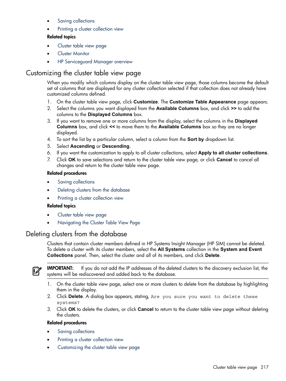 Deleting clusters from the database, Customizing the cluster table view page | HP Systems Insight Manager User Manual | Page 217 / 679