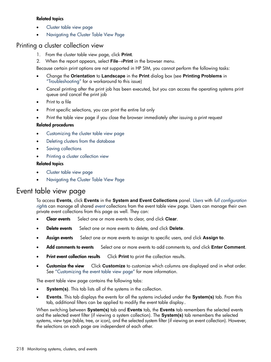 Printing a cluster collection view, Event table view page | HP Systems Insight Manager User Manual | Page 218 / 679