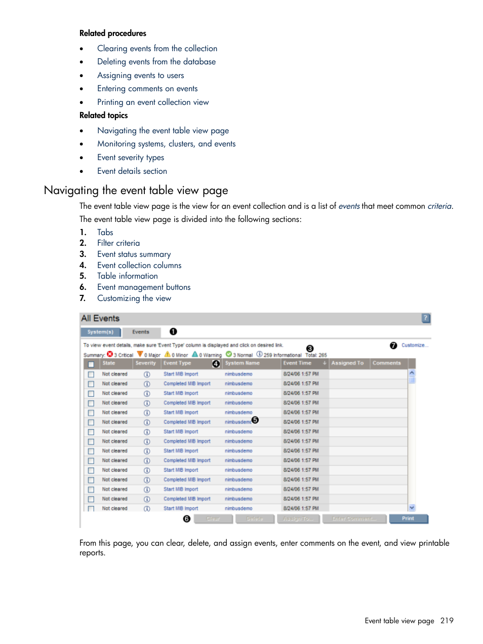 Navigating the event table view page | HP Systems Insight Manager User Manual | Page 219 / 679