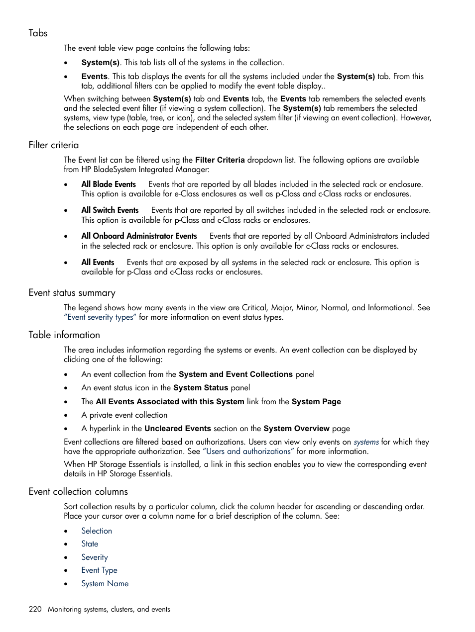 Tabs, Filter criteria, Event status summary | Table information, Event collection columns | HP Systems Insight Manager User Manual | Page 220 / 679