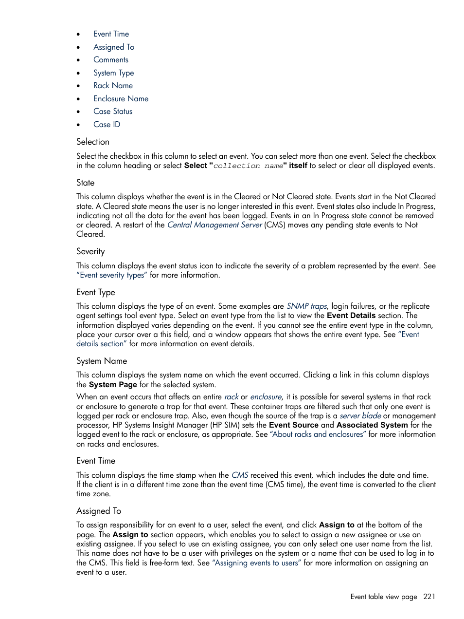 Selection, State, Severity | Event type, System name, Event time, Assigned to | HP Systems Insight Manager User Manual | Page 221 / 679