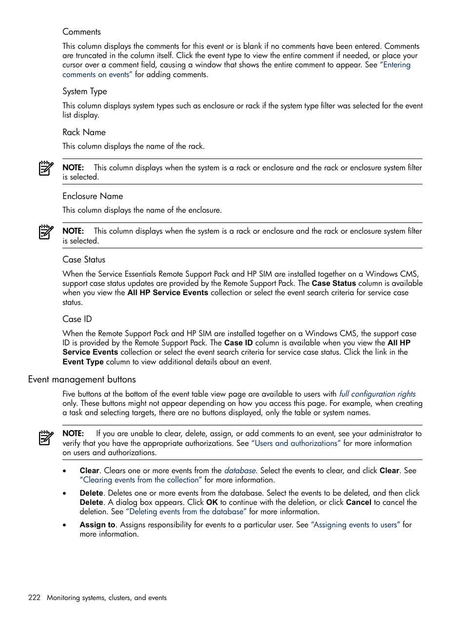 Comments, System type, Rack name | Enclosure name, Case status, Case id, Event management buttons | HP Systems Insight Manager User Manual | Page 222 / 679