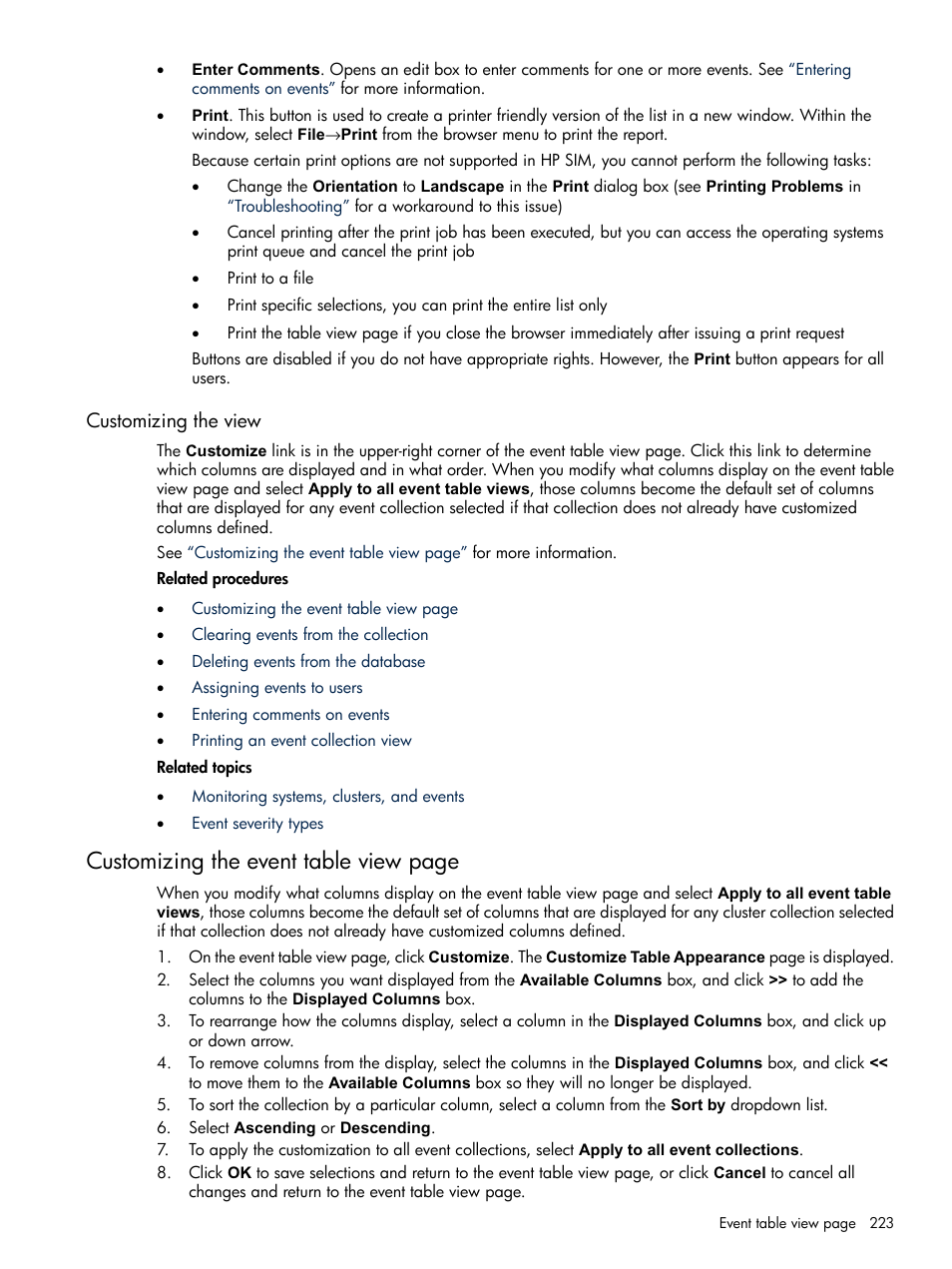 Customizing the view, Customizing the event table view page | HP Systems Insight Manager User Manual | Page 223 / 679