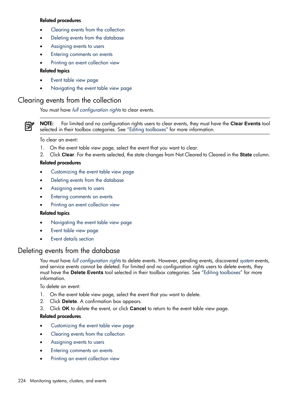 Clearing events from the collection, Deleting events from the database | HP Systems Insight Manager User Manual | Page 224 / 679