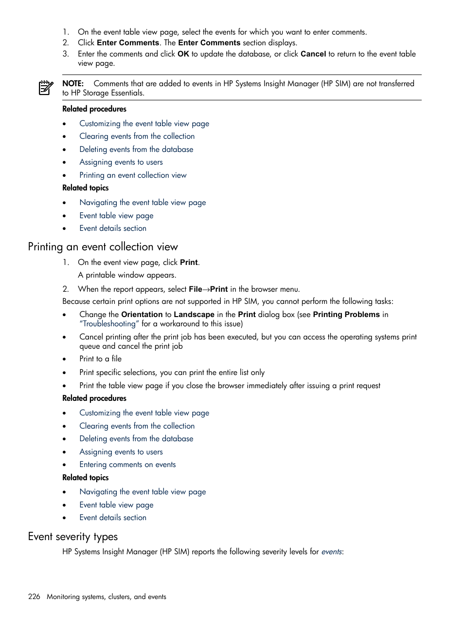 Printing an event collection view, Event severity types | HP Systems Insight Manager User Manual | Page 226 / 679