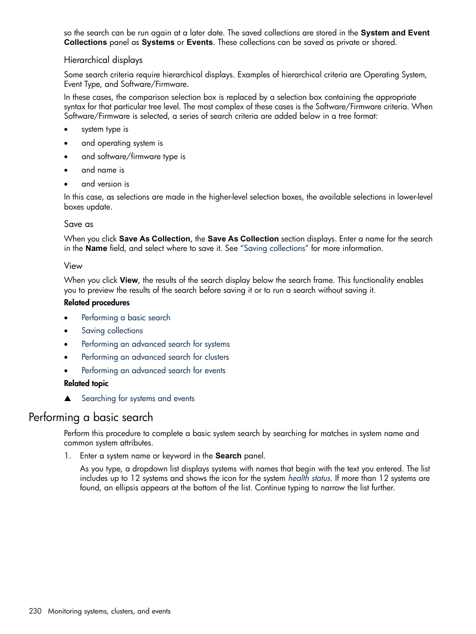 Hierarchical displays, Save as, View | Performing a basic search, Hierarchical displays save as view | HP Systems Insight Manager User Manual | Page 230 / 679