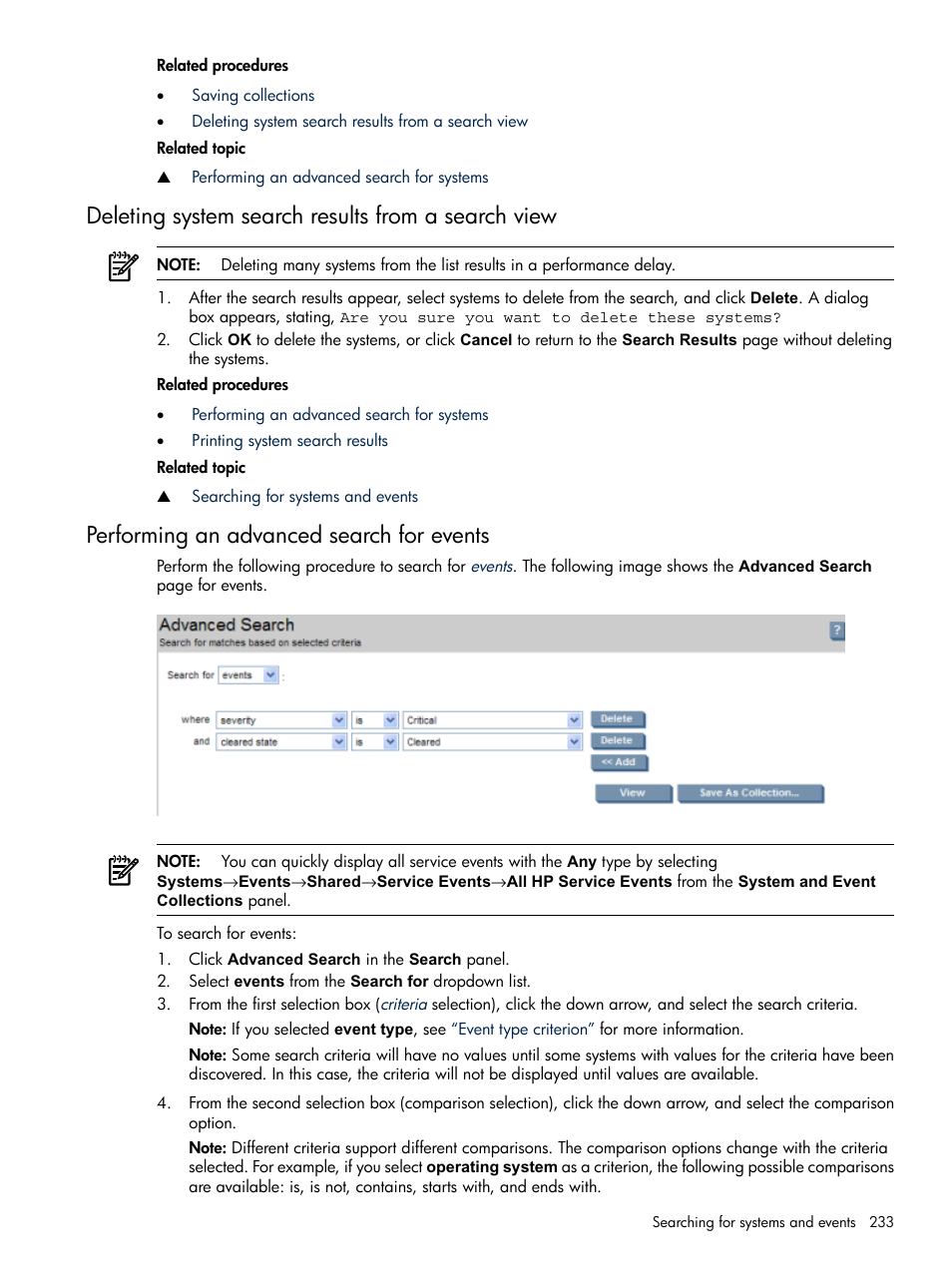 Deleting system search results from a search view, Performing an advanced search for events | HP Systems Insight Manager User Manual | Page 233 / 679