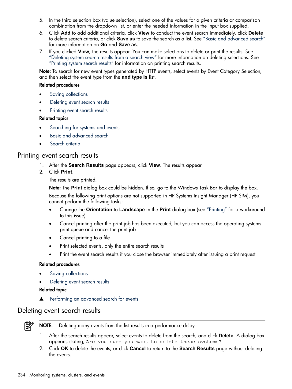 Printing event search results, Deleting event search results | HP Systems Insight Manager User Manual | Page 234 / 679