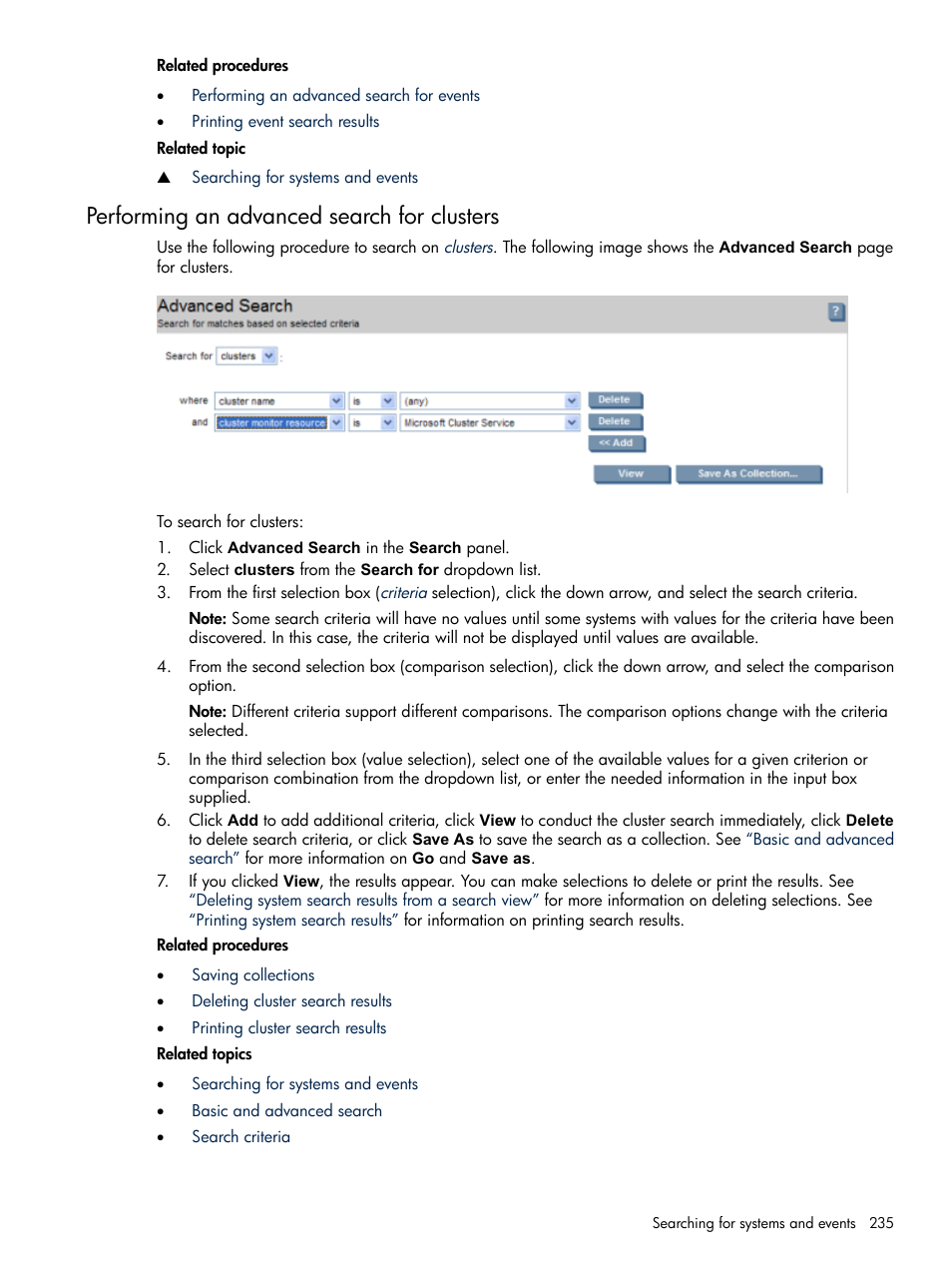 Performing an advanced search for clusters | HP Systems Insight Manager User Manual | Page 235 / 679