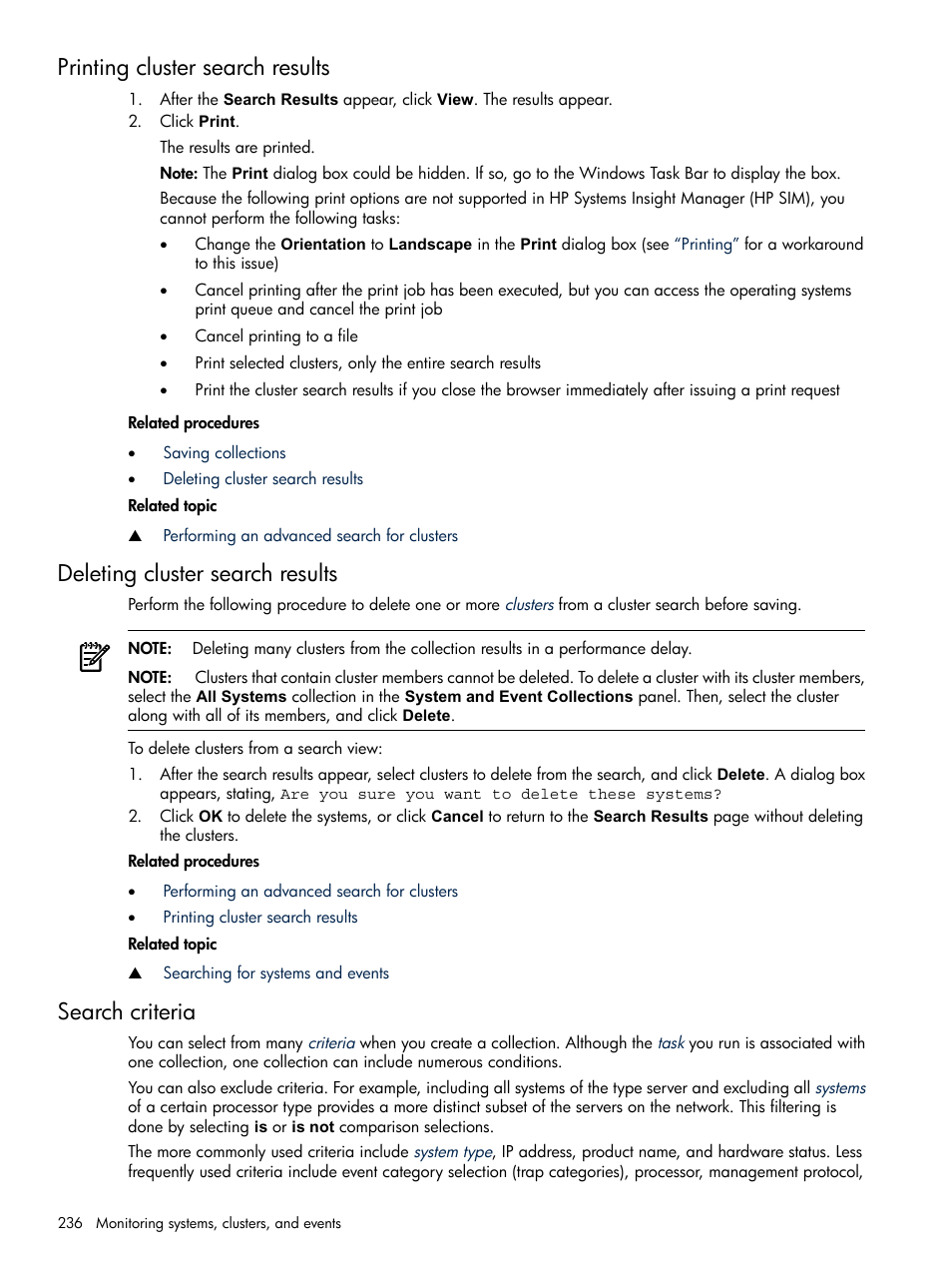 Printing cluster search results, Deleting cluster search results, Search criteria | HP Systems Insight Manager User Manual | Page 236 / 679