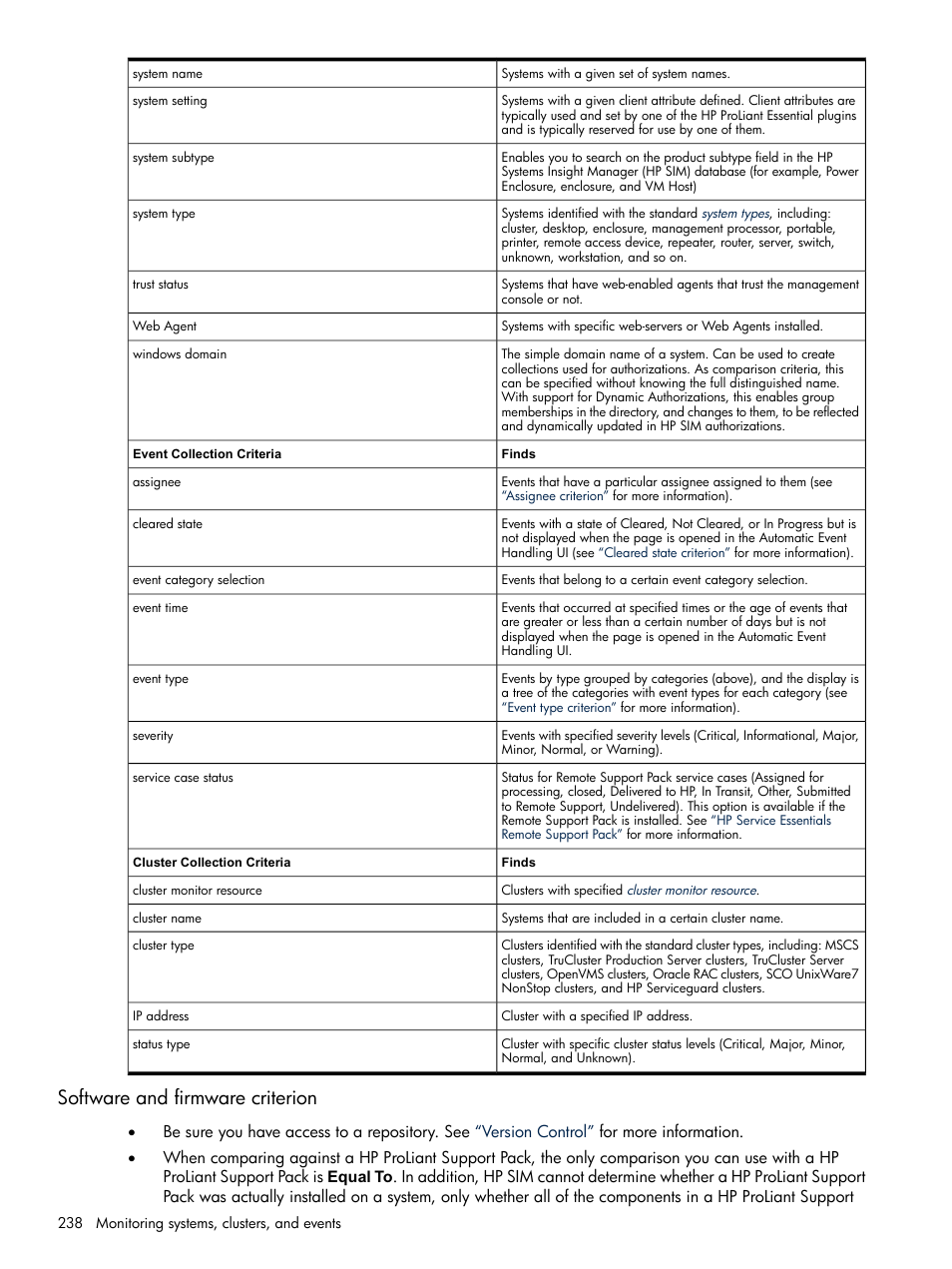 Software and firmware criterion | HP Systems Insight Manager User Manual | Page 238 / 679