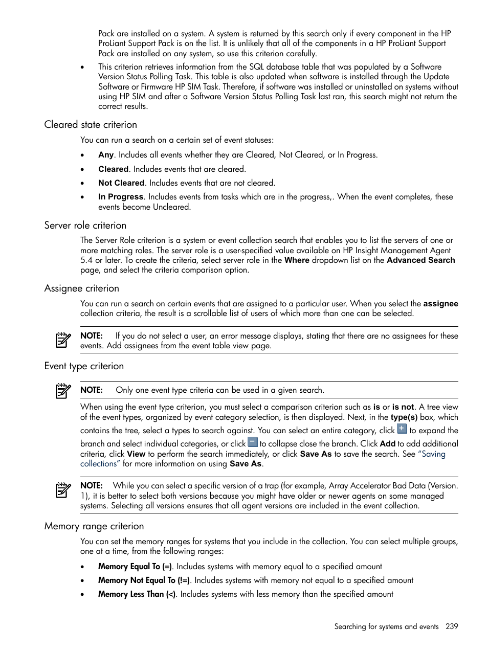 Cleared state criterion, Server role criterion, Assignee criterion | Event type criterion, Memory range criterion, Memory range, Criterion, Server, Role criterion | HP Systems Insight Manager User Manual | Page 239 / 679