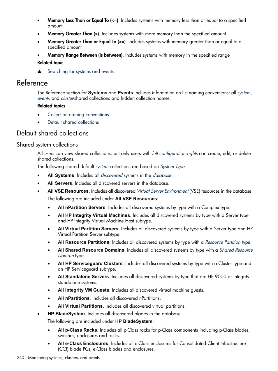 Reference, Default shared collections, Shared system collections | HP Systems Insight Manager User Manual | Page 240 / 679