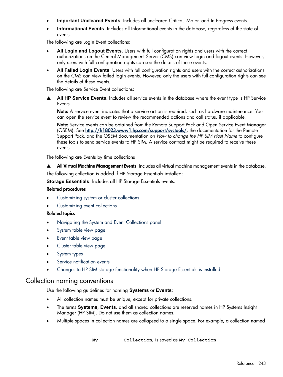 Collection naming conventions | HP Systems Insight Manager User Manual | Page 243 / 679