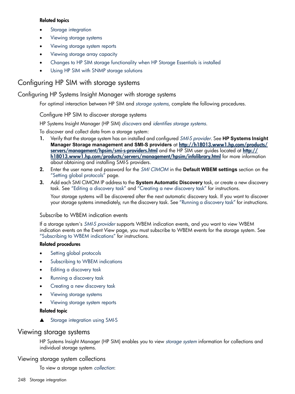 Configuring hp sim with storage systems, Configure hp sim to discover storage systems, Subscribe to wbem indication events | Viewing storage systems, Viewing storage system collections, Configuring hp, Sim with storage systems | HP Systems Insight Manager User Manual | Page 248 / 679